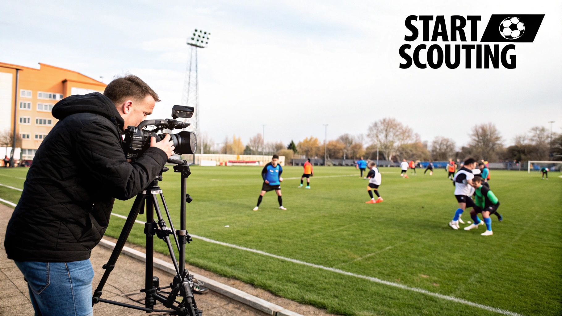 A coach setting up a camera on a tripod to record a youth football match.