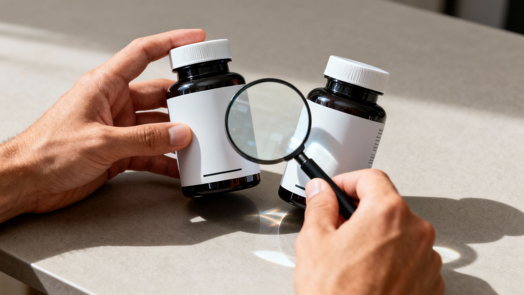 Person using a magnifying glass to inspect blank labels on two brown supplement bottles.