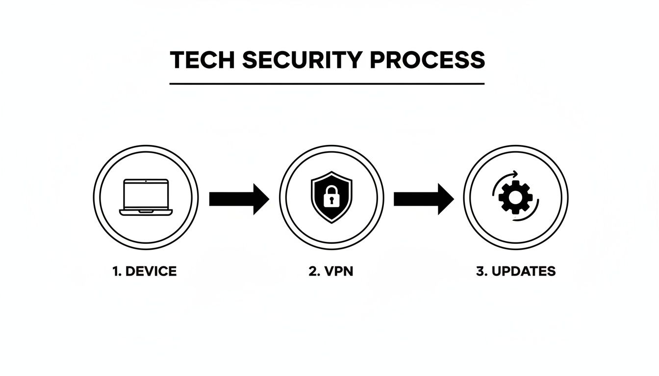 Diagram illustrating a tech security process with three steps: device, VPN, and updates.