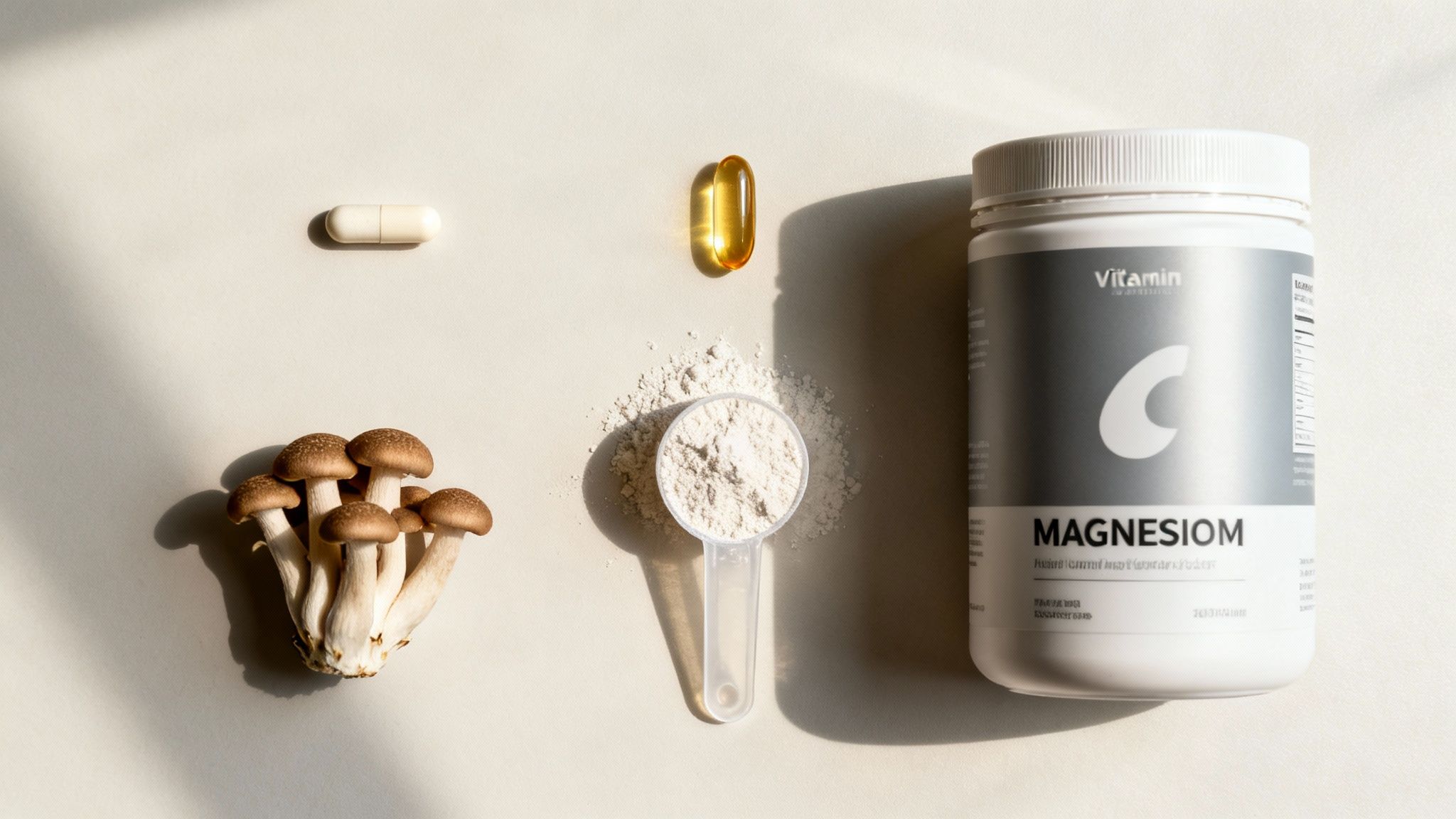 Five different supplement bottles arranged neatly on a modern, clean surface, representing a foundational health stack.