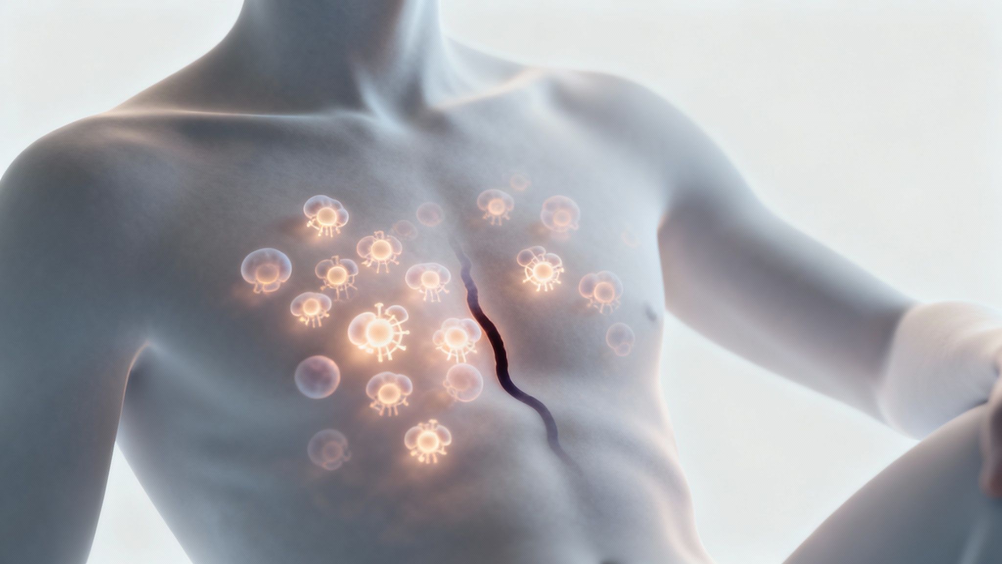 Transparent human torso showing glowing virus particles in lungs representing respiratory infection and immune system response