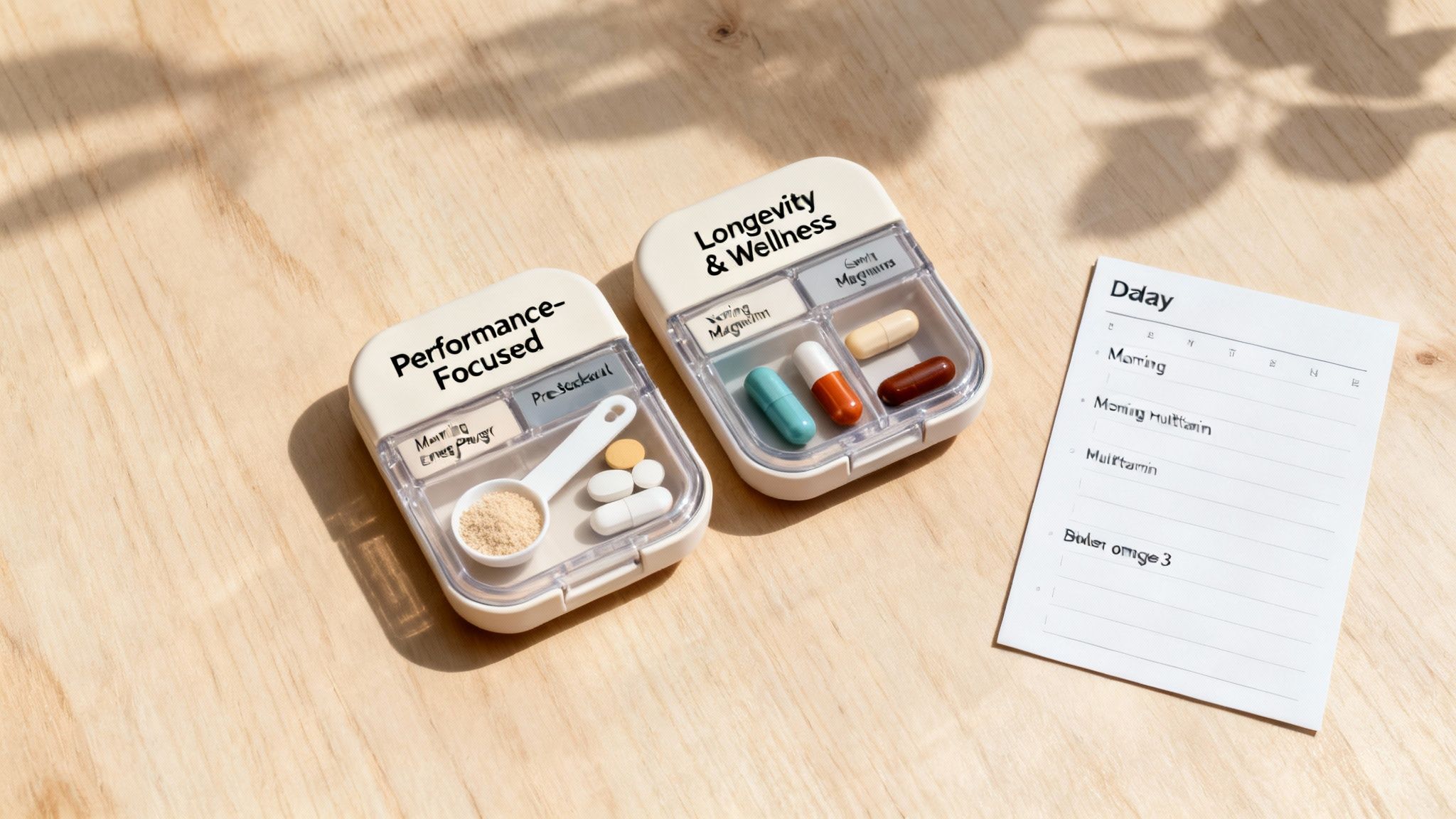 Two pill organizers for performance and longevity, filled with various supplements, next to a daily checklist.