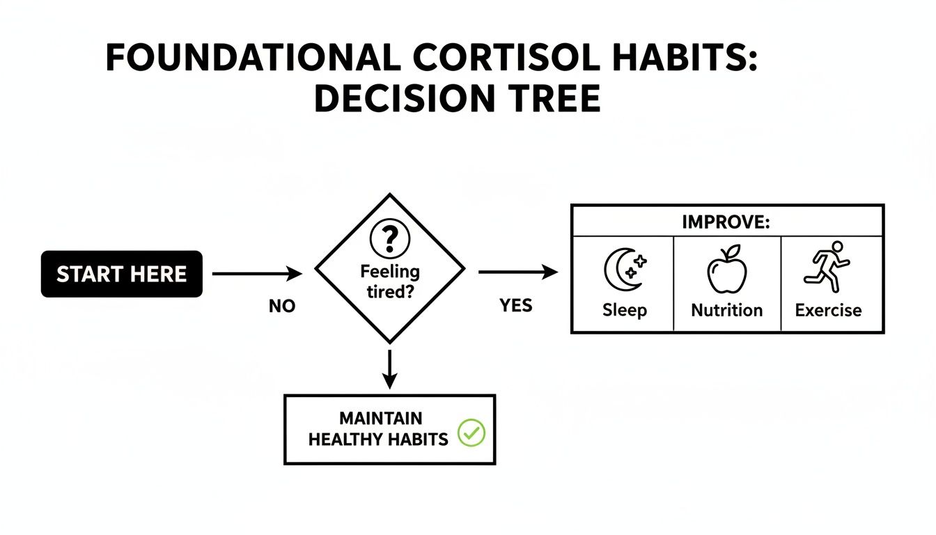Decision tree illustrating foundational cortisol habits, addressing tiredness, sleep, nutrition, and exercise.