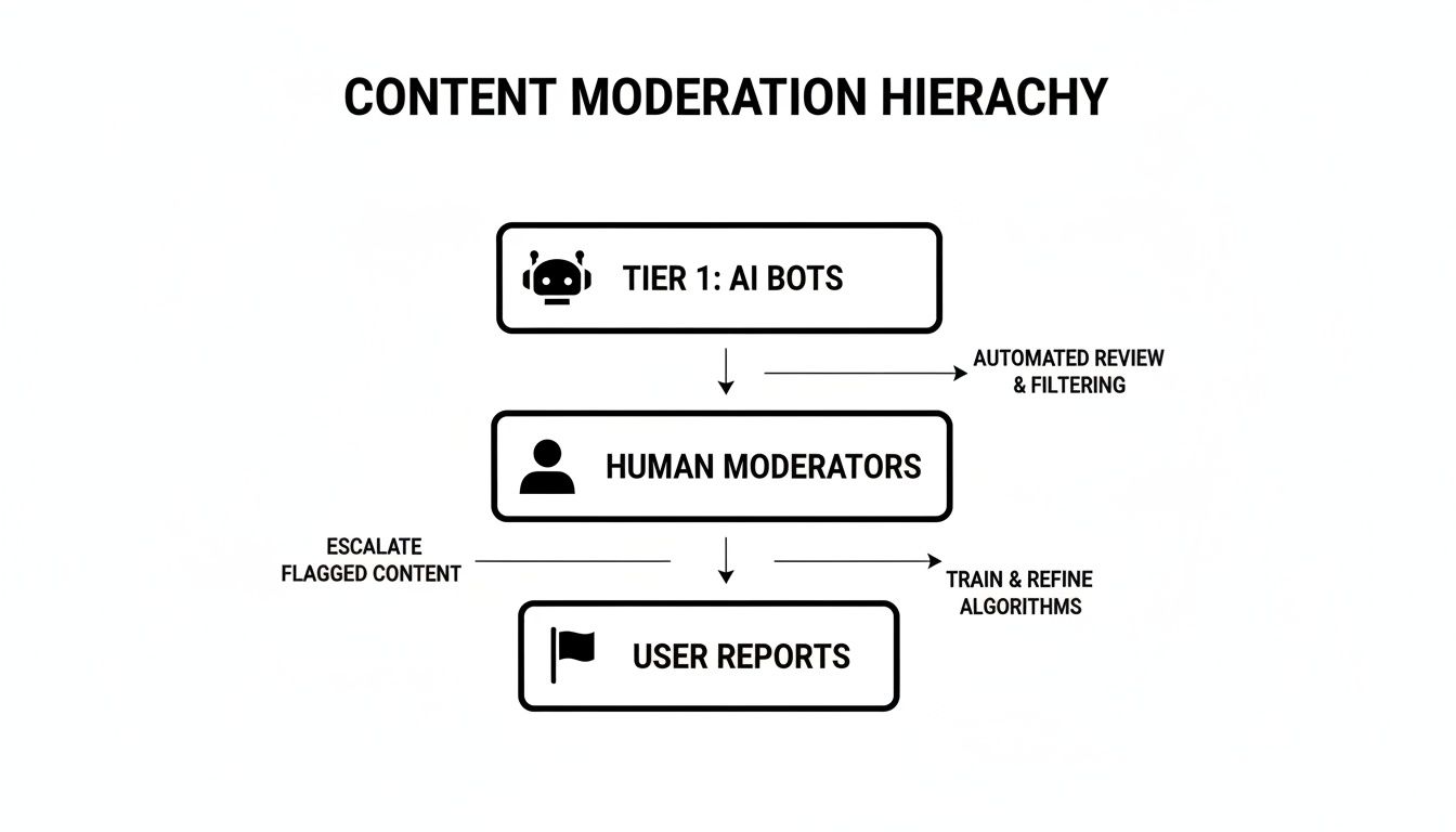 Flowchart illustrating a content moderation hierarchy with AI bots, human moderators, and user reports.