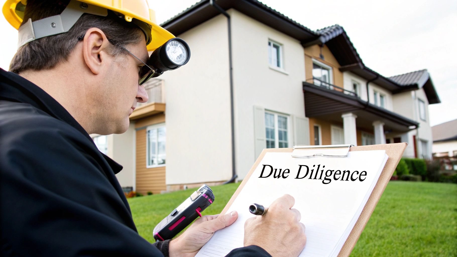 A property inspector performs due diligence, writing on a clipboard in front of a modern house.