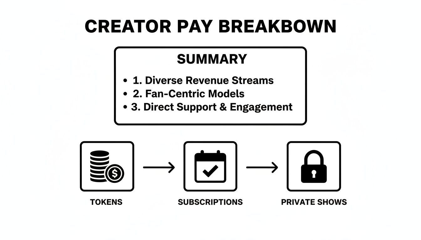 Diagram illustrating creator pay breakdown with diverse revenue streams, including tokens, subscriptions, and private shows.