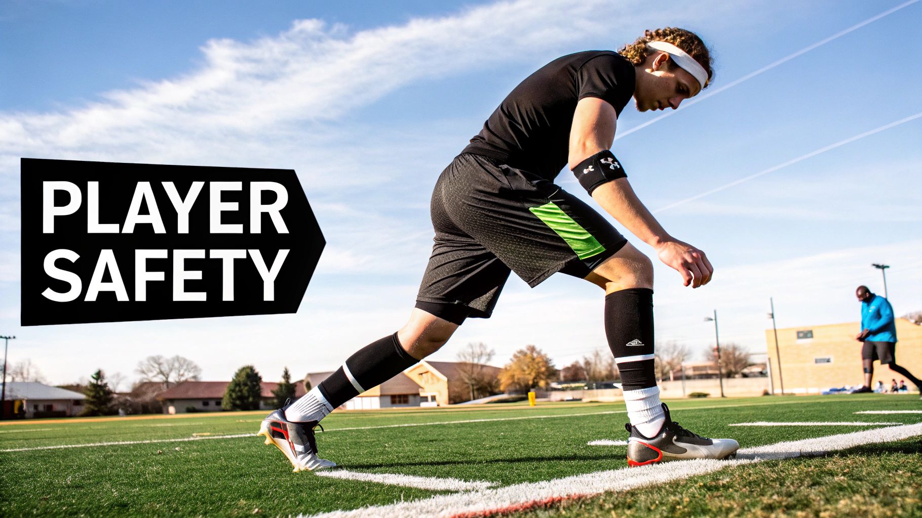 A football player wearing a GPS tracker vest during training