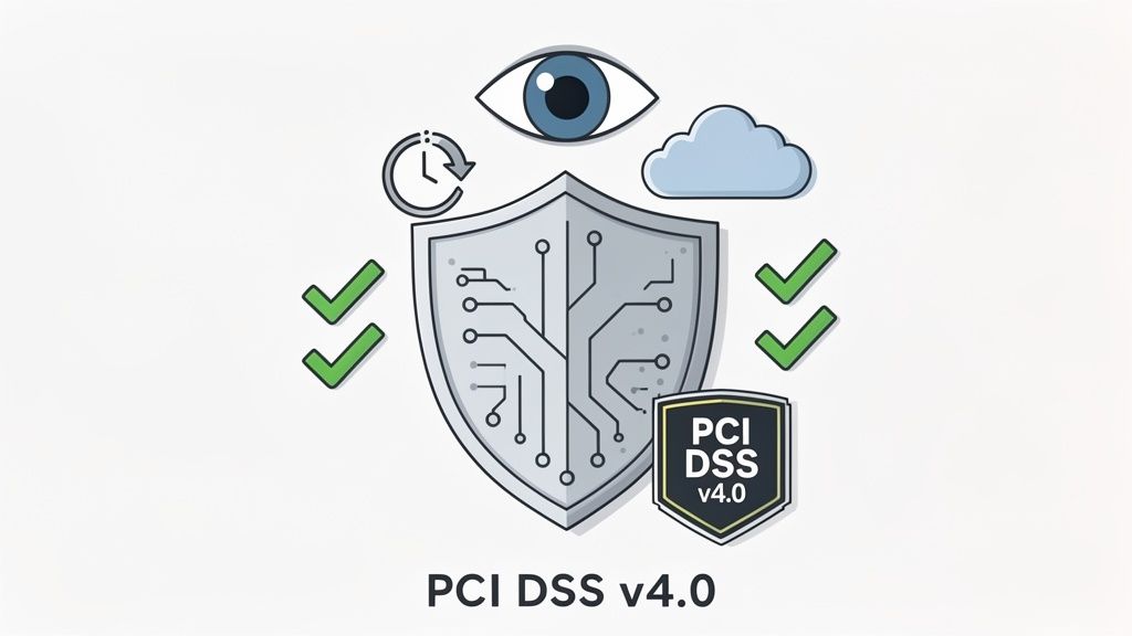 PCI DSS v4.0 security shield with monitoring eye, cloud, and compliance checkmarks.