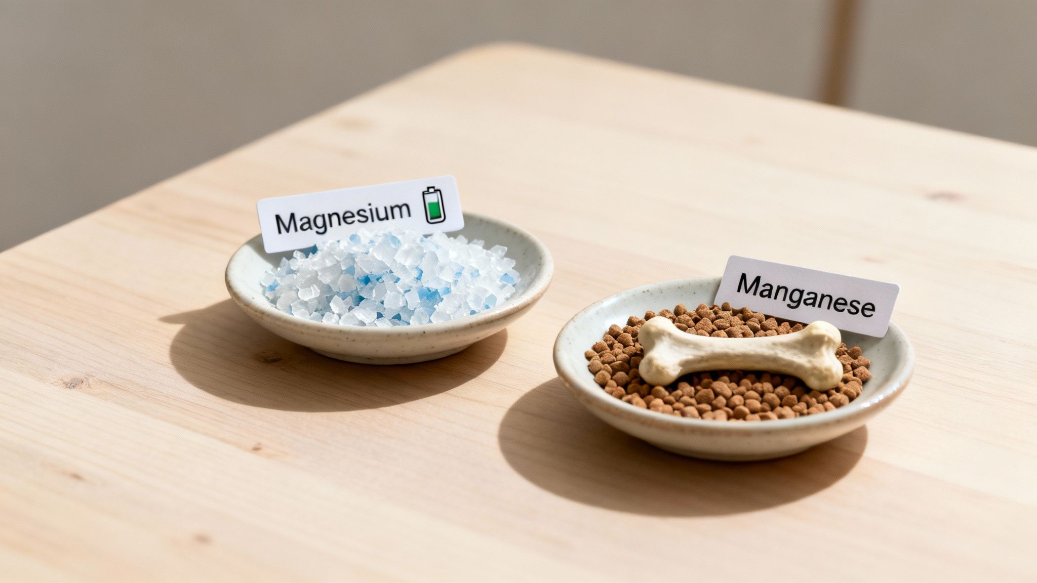 Two bowls on a wooden table, one with magnesium crystals and a battery icon, the other with manganese dog food and a bone.