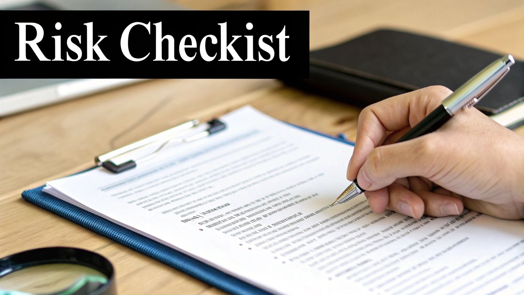A hand writes on a 'Risk Checklist' document on a clipboard with a pen on a wooden desk.