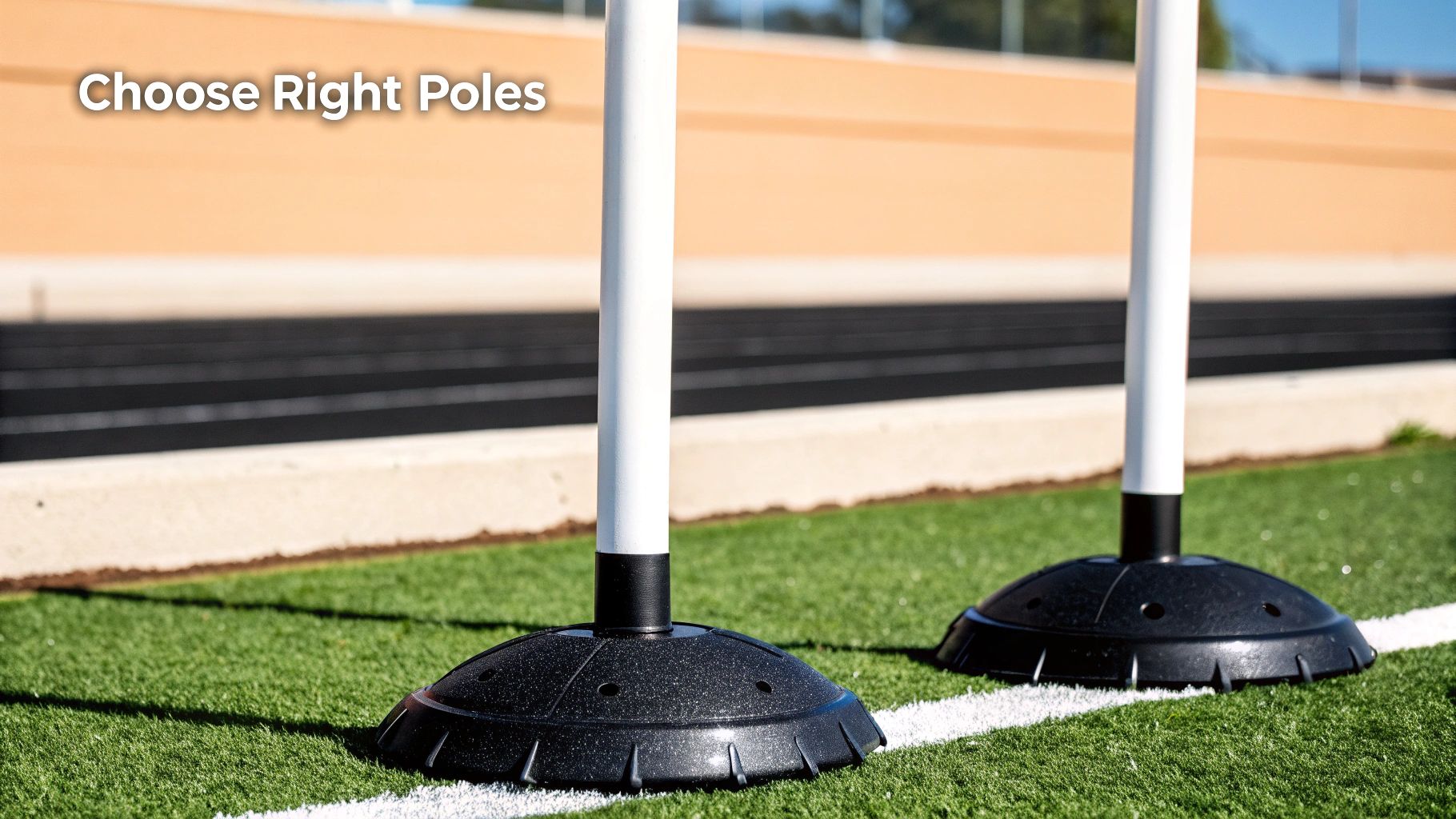 A collection of different football training poles leaning against a wall in a sports facility.