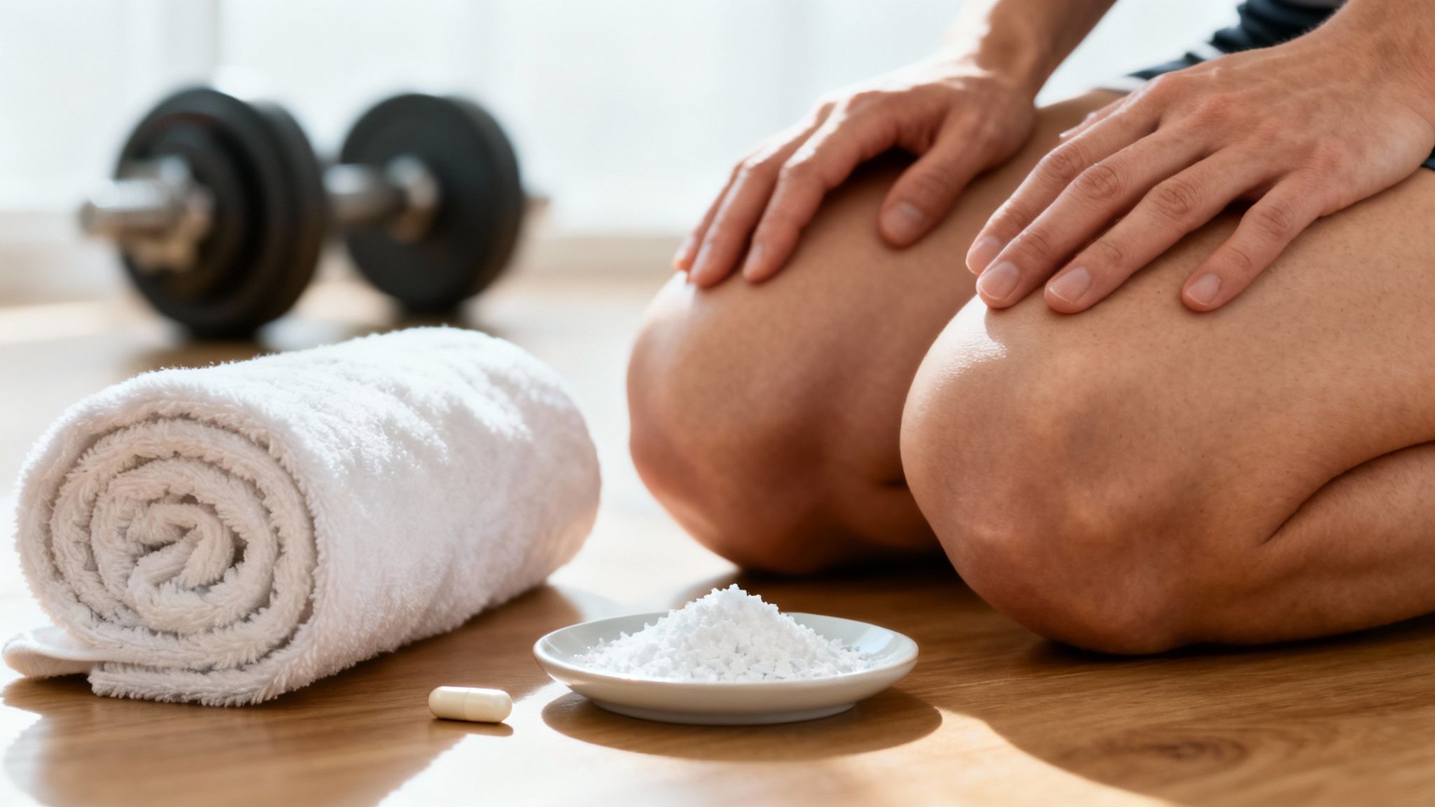 A person rests on a wooden floor with a towel, capsule, and supplement powder after exercise.