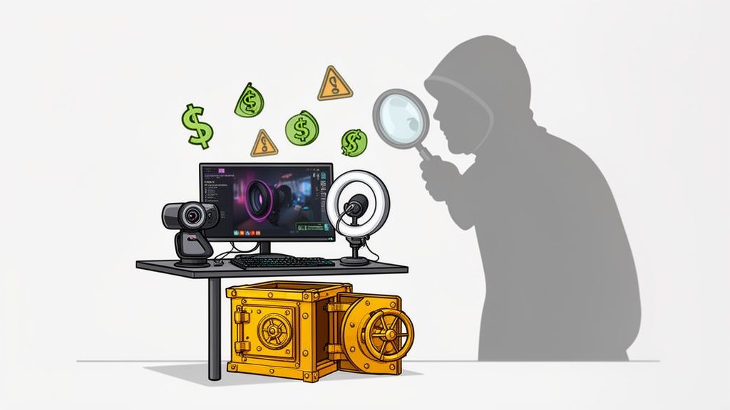 A hooded figure spies on a streamer's setup with a magnifying glass, highlighting security risks and potential earnings.