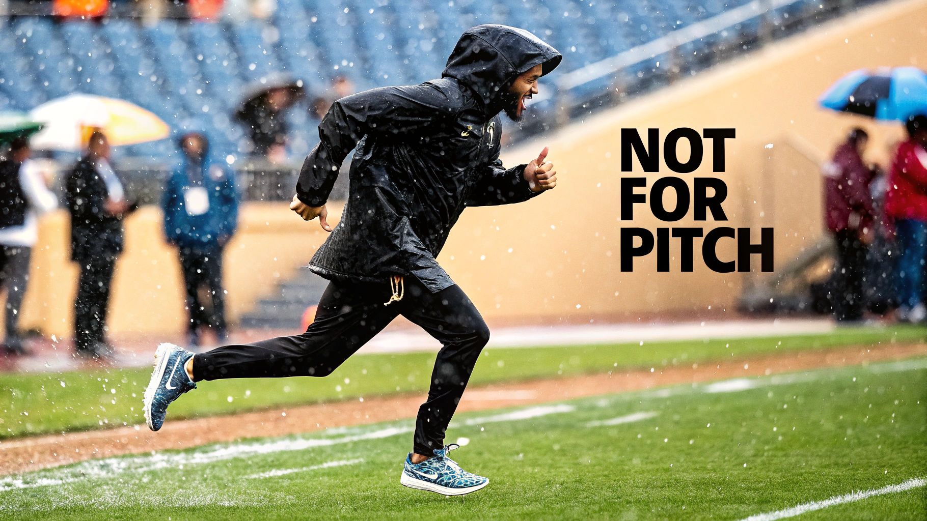 A man in a black hooded rain jacket runs on a wet green field during heavy rain, with 'NOT FOR PITCH' text.