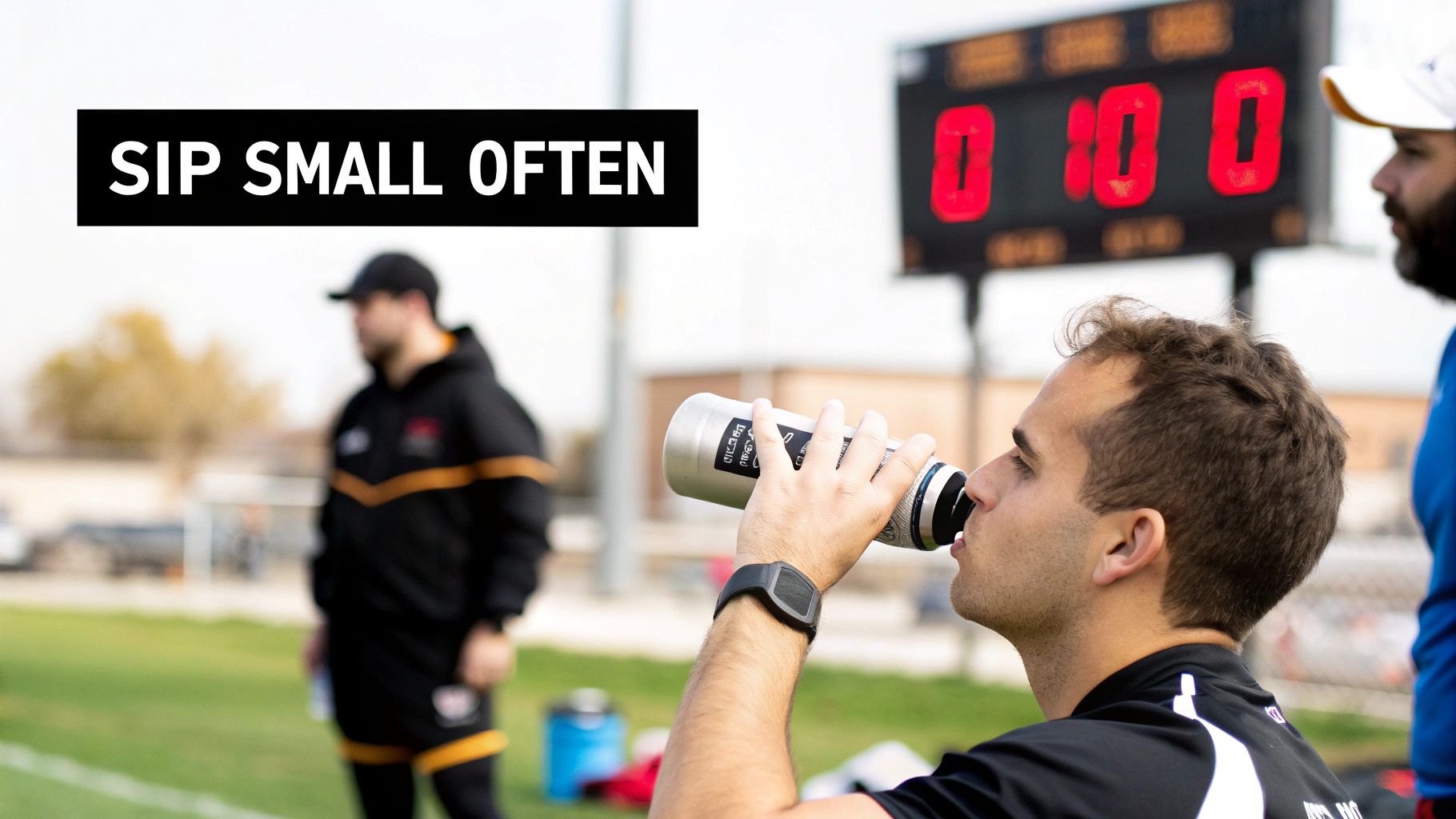 A male athlete sips from a silver water bottle on a sports field, promoting hydration during a game.