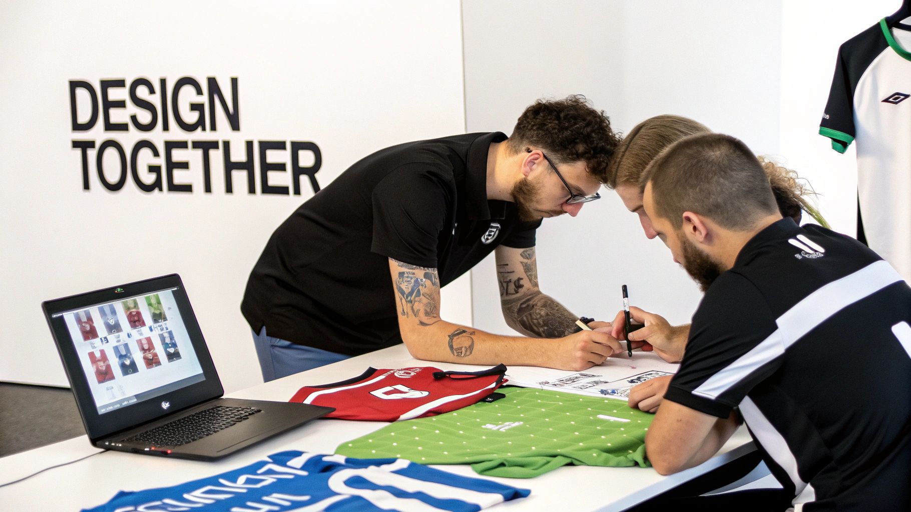 Three men collaborate on jersey designs, looking at a laptop and physical football shirts.