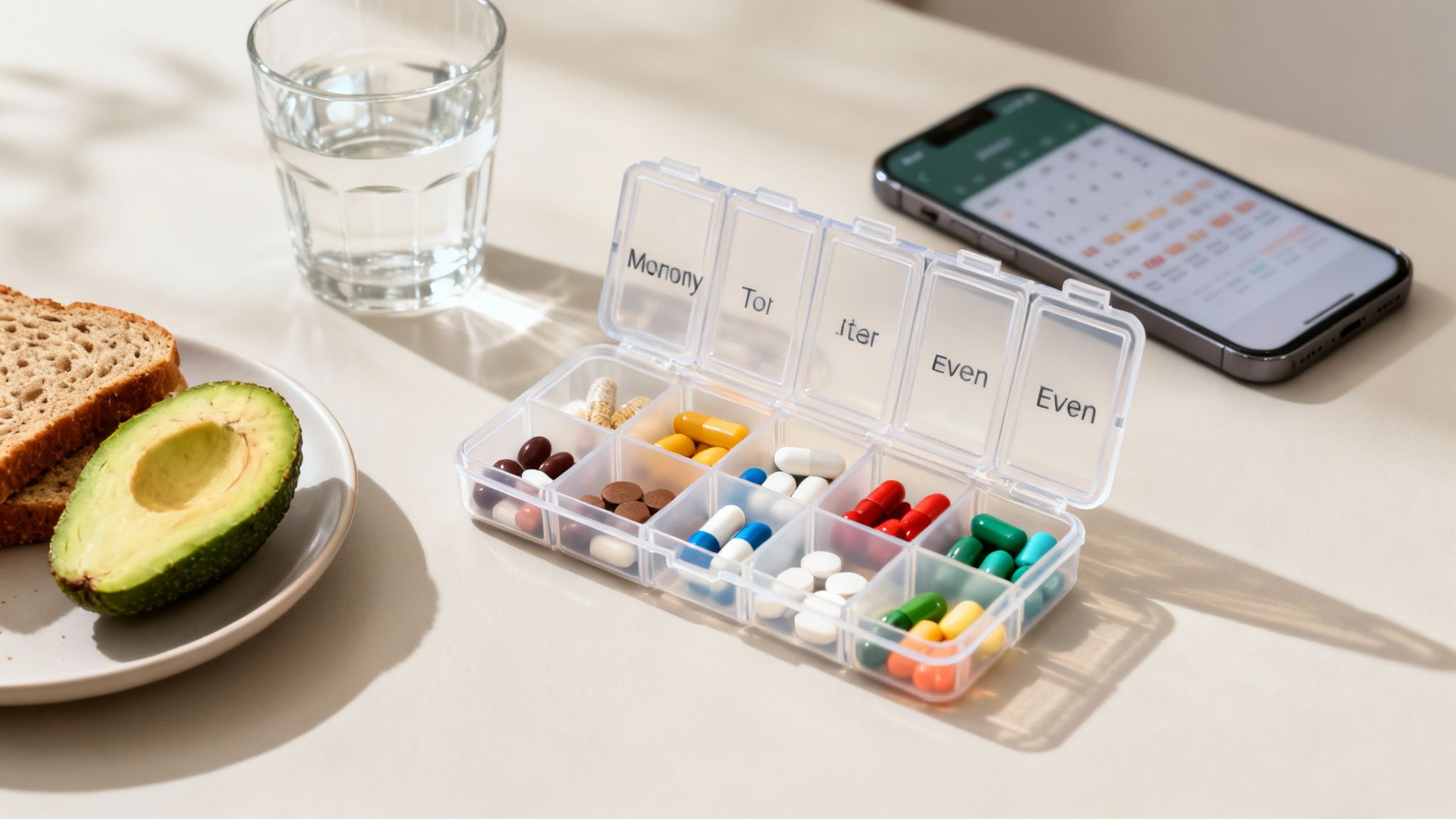 A daily pill organizer filled with colorful pills next to water, avocado toast, and a phone calendar.