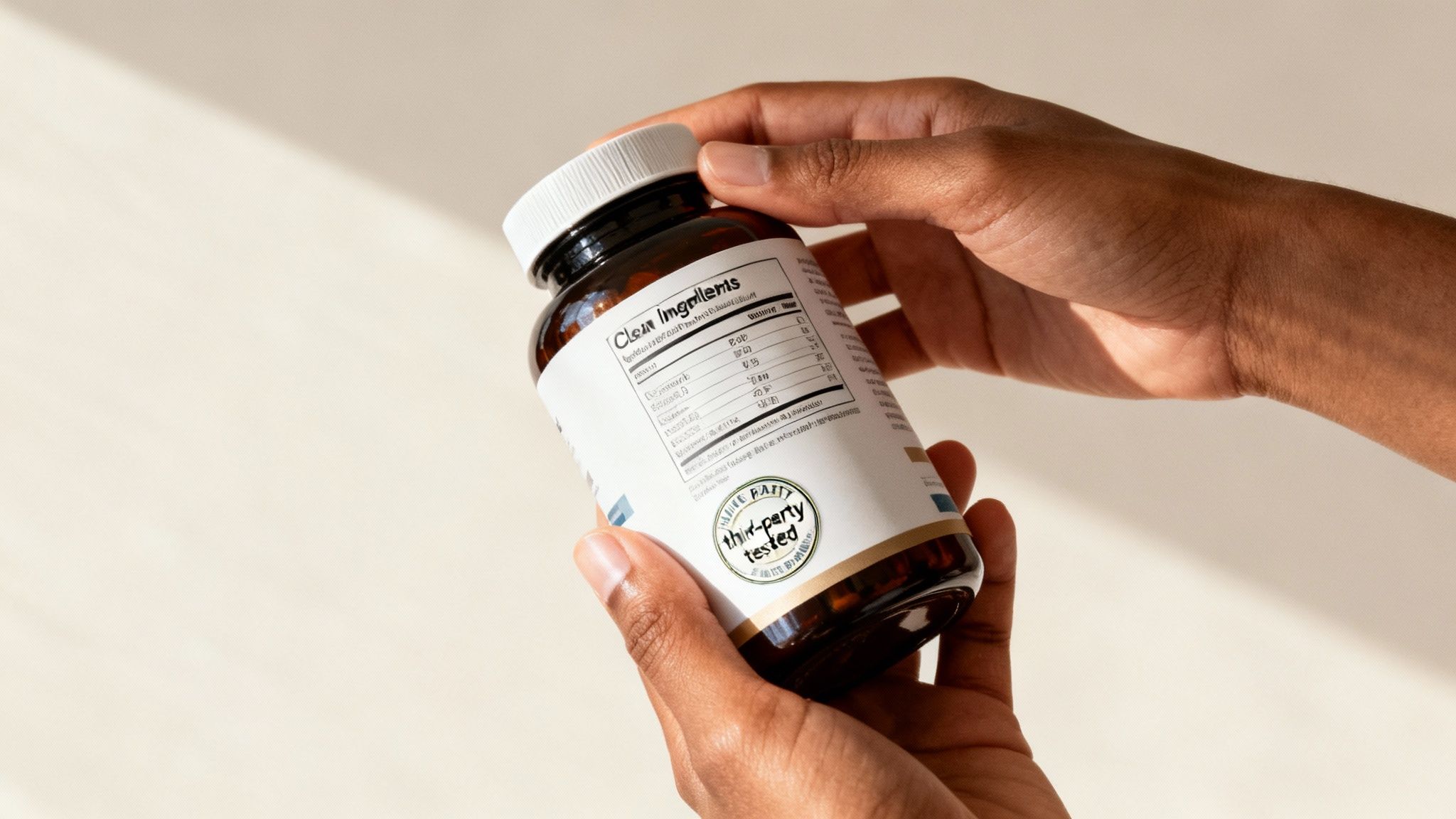 Close-up of hands holding a brown supplement bottle with a white label detailing ingredients.