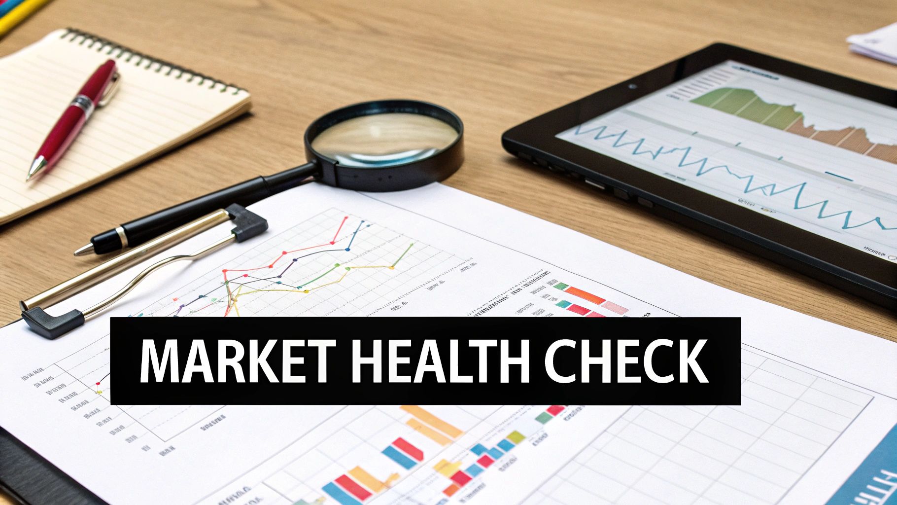 A business desk with charts, a tablet, and a magnifying glass, with text 'Market Health Check'.