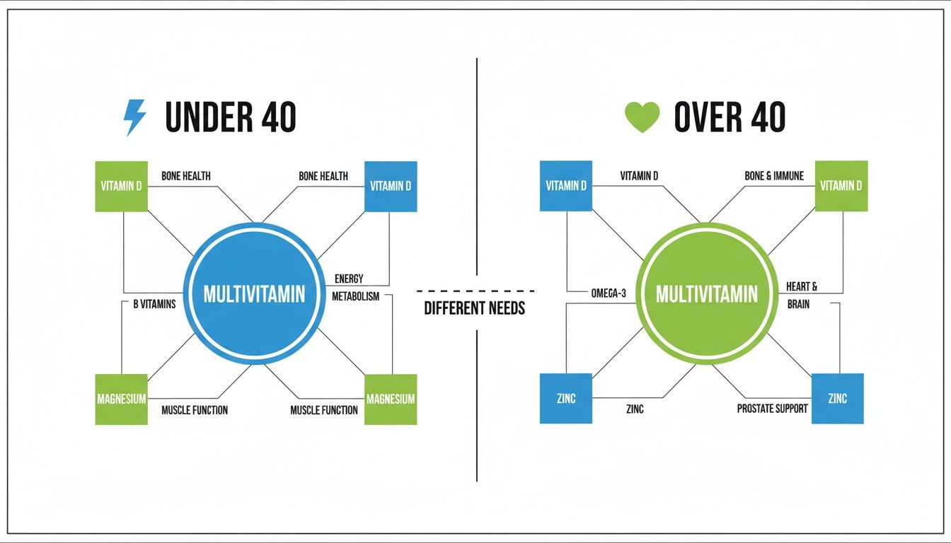 Diagram illustrating multivitamin and supplement needs for men under 40 versus over 40.
