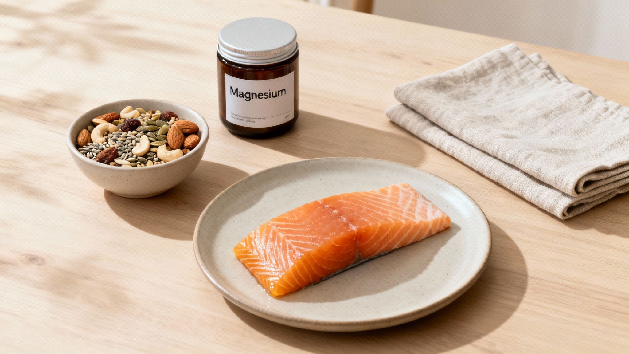 Woman relaxing with a cup of tea, surrounded by nuts, seeds, and oily fish