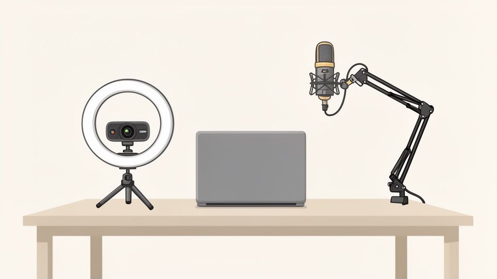 A complete streaming setup with a ring light, webcam, laptop, and microphone on a table.
