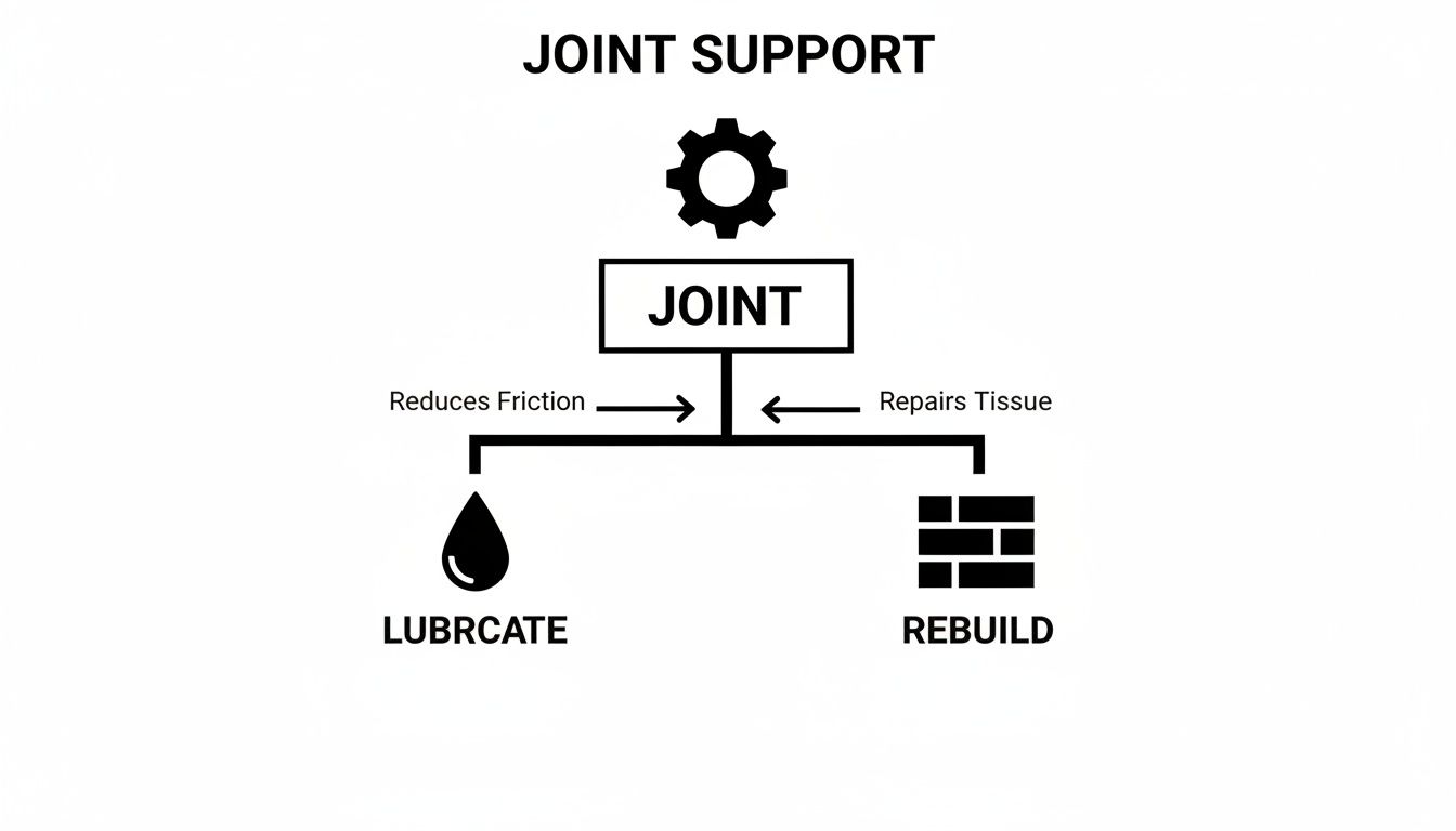 A diagram illustrating joint support by lubricating to reduce friction and rebuilding to repair tissue.