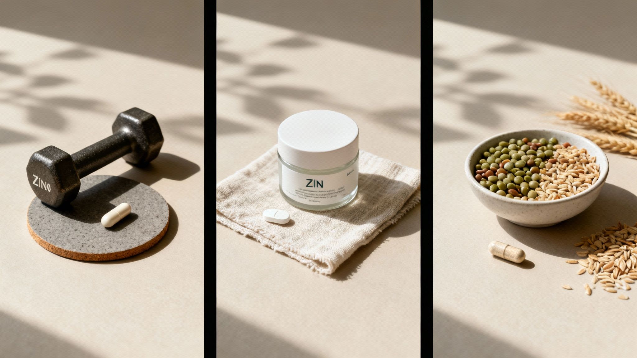 Three panels illustrate a healthy lifestyle with a dumbbell, ZIN supplements, and nutritious grains.
