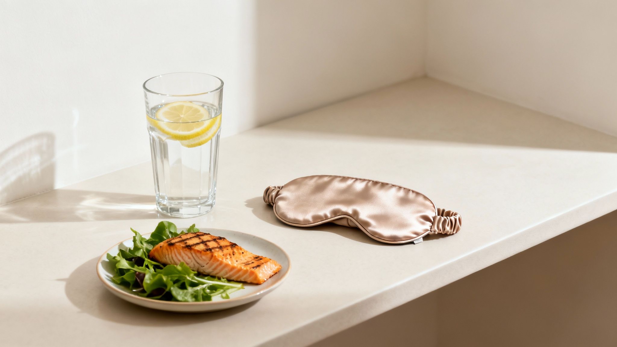 Healthy salmon meal with greens, lemon water, and silk sleep mask on white table