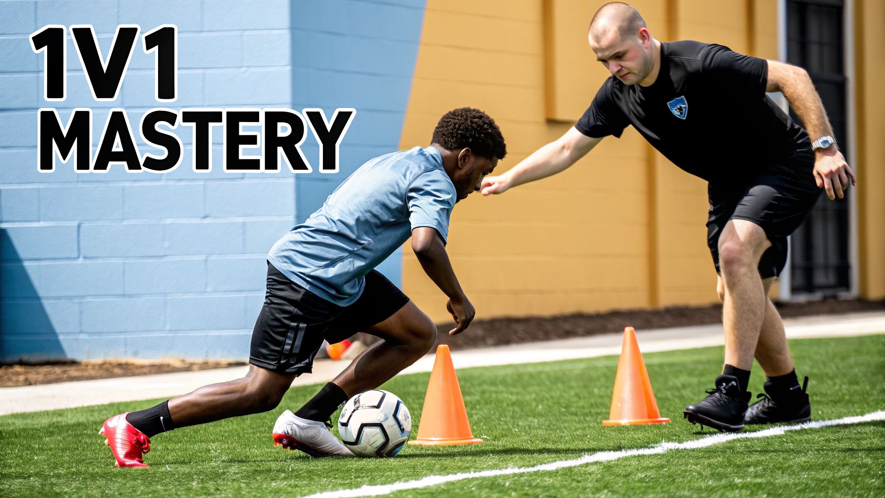 A soccer player in a blue kit jockeys an opponent in a white kit during a 1v1 drill.