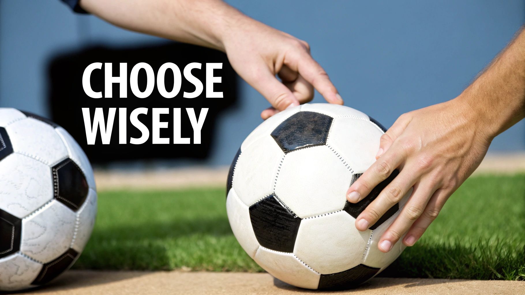 A person choosing between two different size 4 soccer balls in a store.
