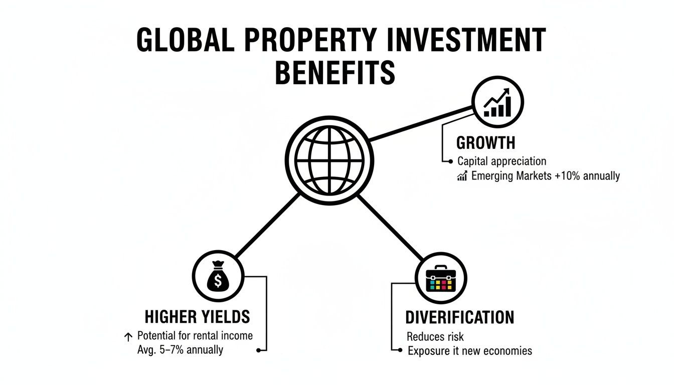 Diagram illustrating the benefits of global property investment, including growth, higher yields, and diversification.