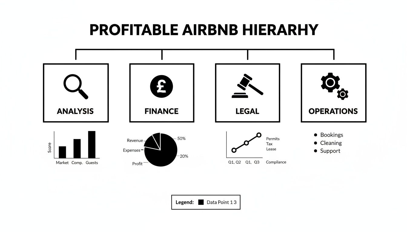 A hierarchy chart illustrating the key components for a profitable Airbnb business, including analysis, finance, legal, and operations.