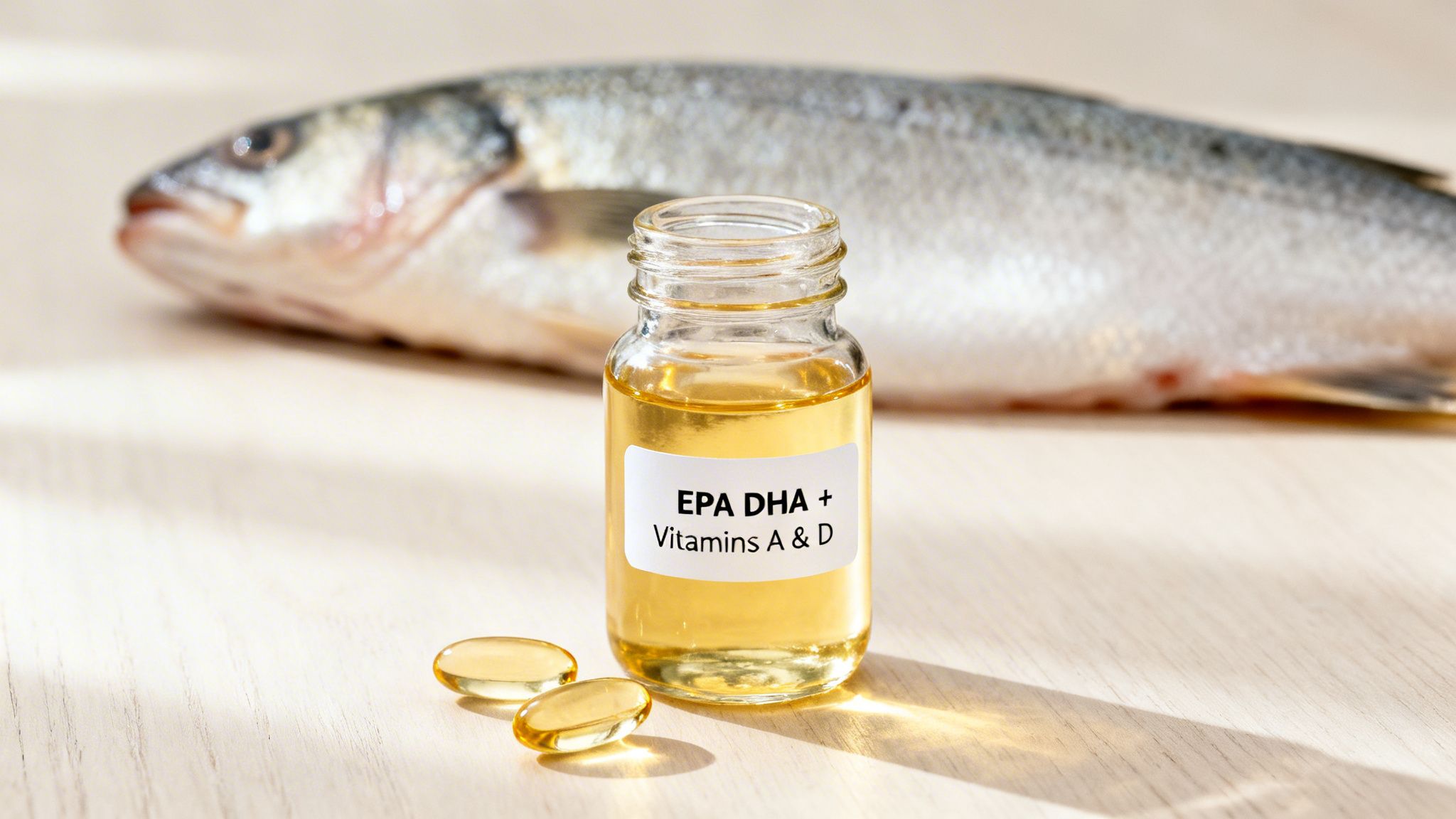 A bottle of EPA DHA + Vitamins A & D supplement, two capsules, and a fish on a wooden surface.