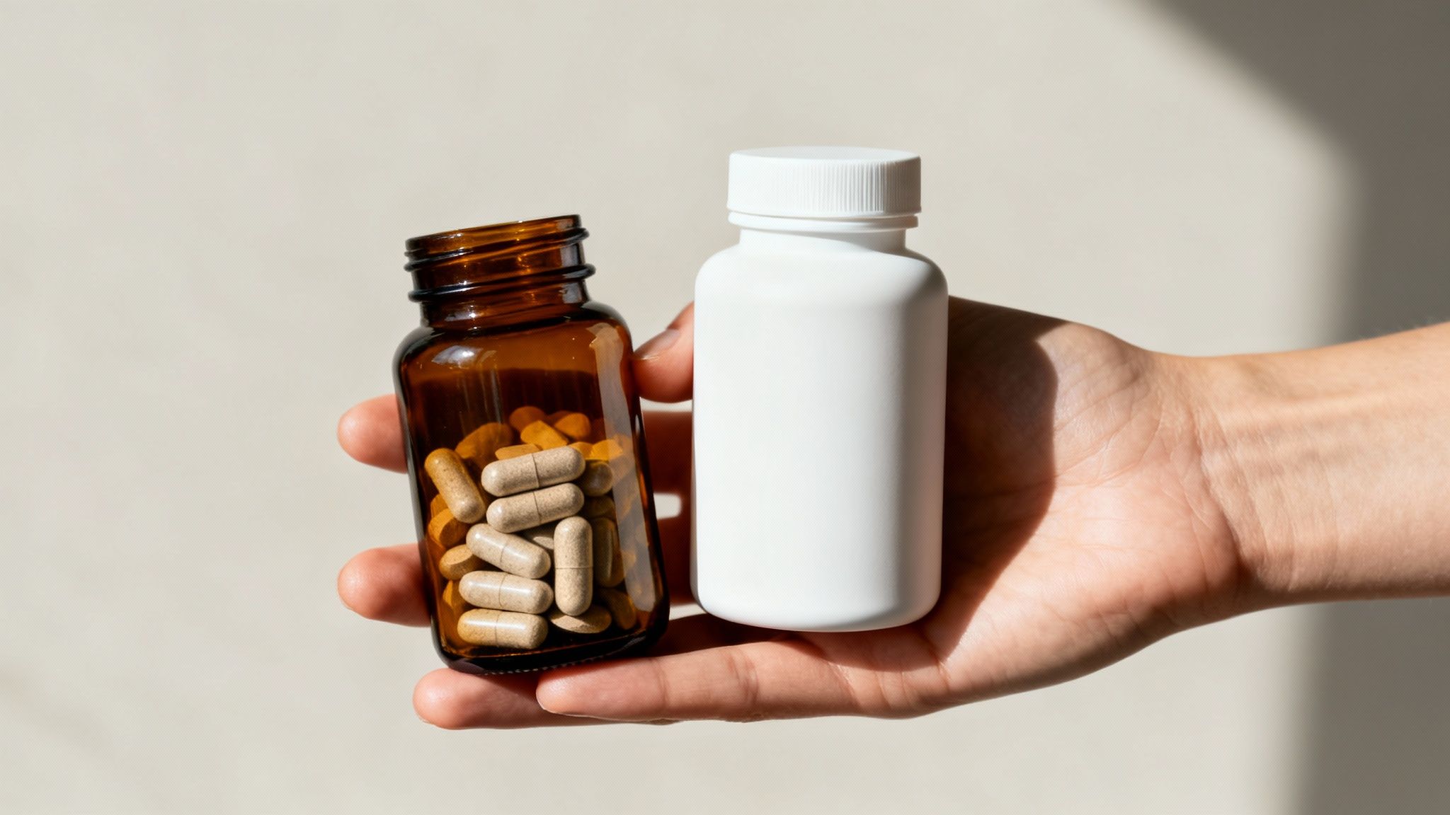 A hand holds a brown glass bottle of light brown capsules and a white plastic pill bottle.