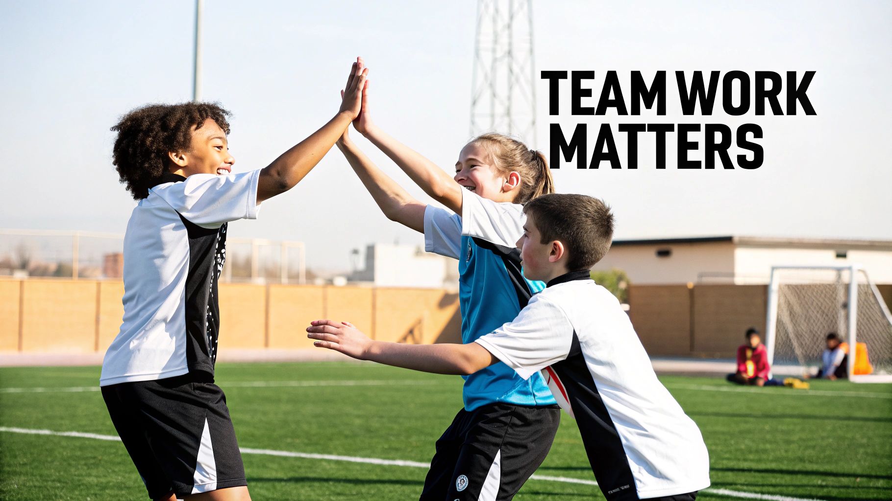 Three happy children high-fiving on a sunny soccer field, showing teamwork and sportsmanship.