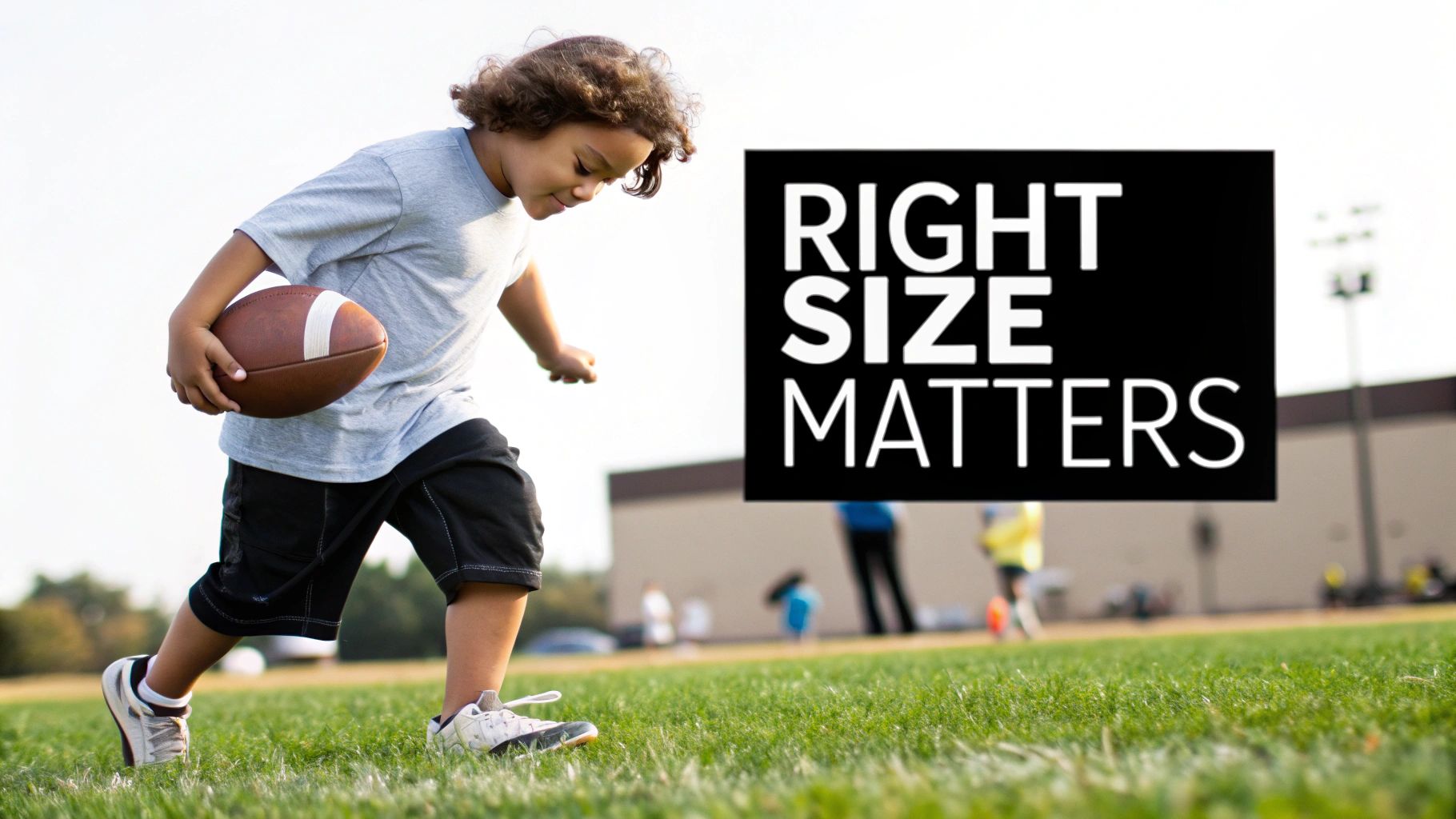 A young boy with a football runs across a green field with 'RIGHT SIZE MATTERS' text.
