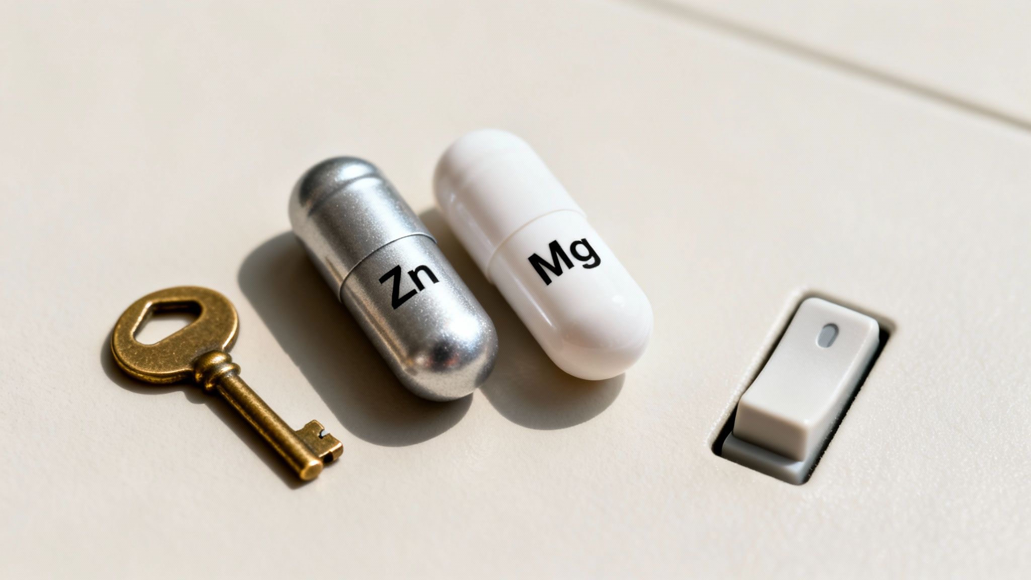 A bronze key, silver zinc (Zn) and white magnesium (Mg) capsules, and a toggle switch.