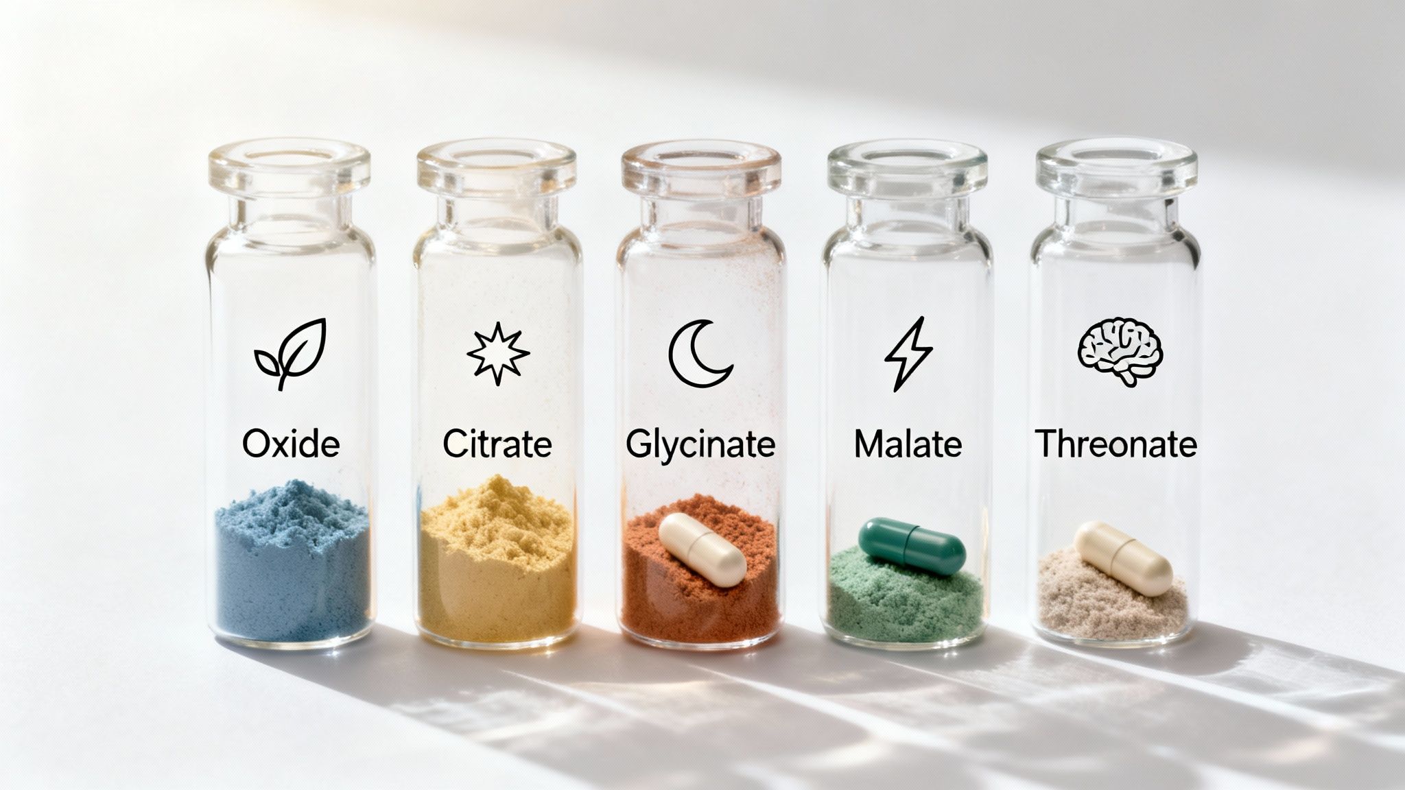 Five glass vials displaying different colored powders and capsules, labeled as magnesium forms.