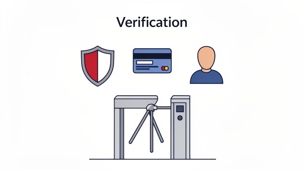 Illustrates a verification process with icons of a shield, credit card, user, and turnstile.
