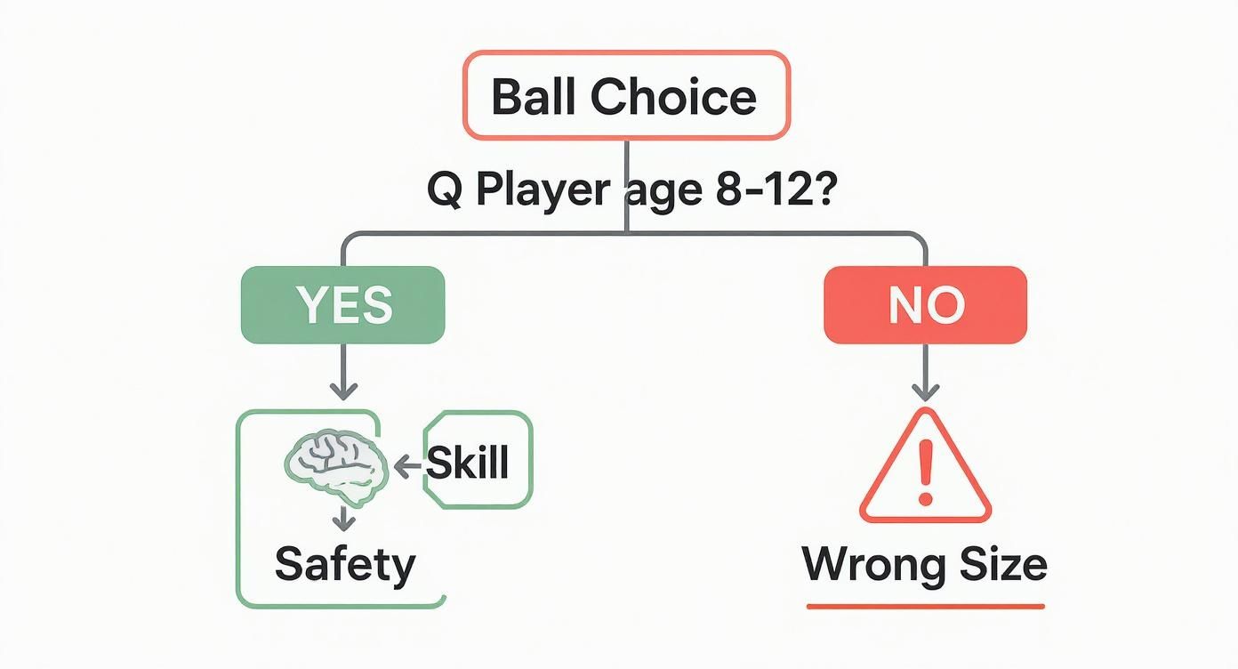 Flowchart showing soccer ball selection process based on player age and skill level for safety