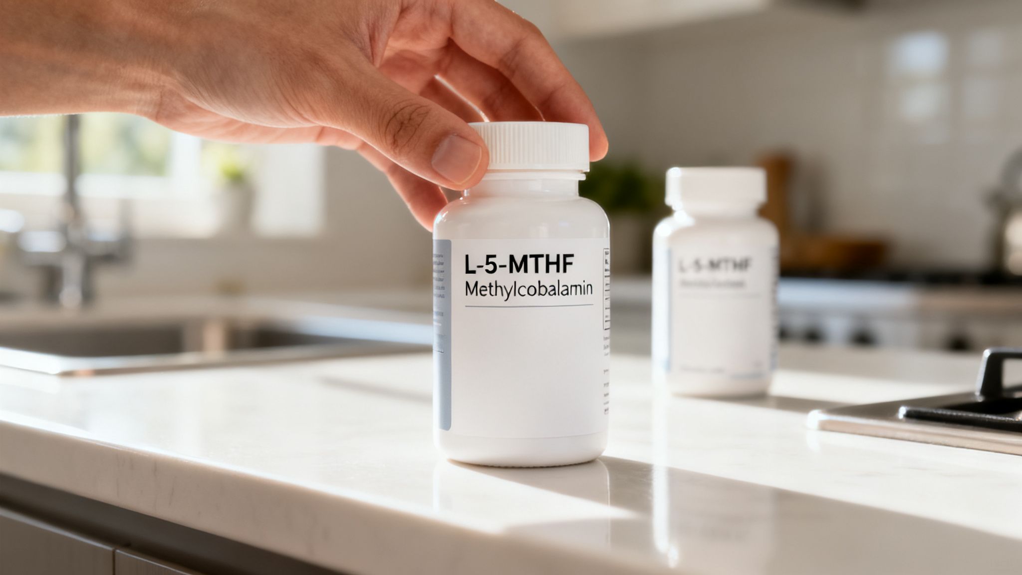 A hand holds a white supplement bottle labeled L-5-MTHF Methylcobalamin in a modern kitchen.