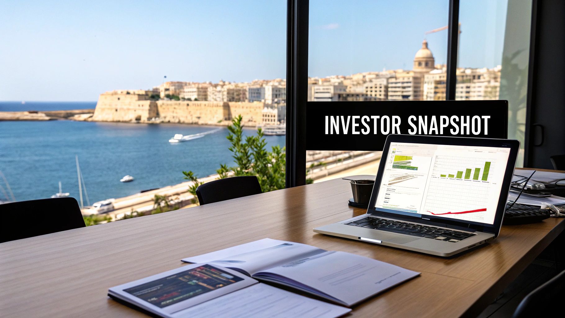 A modern office workspace with a laptop showing financial charts, an open binder, and a view of Valletta's harbor.