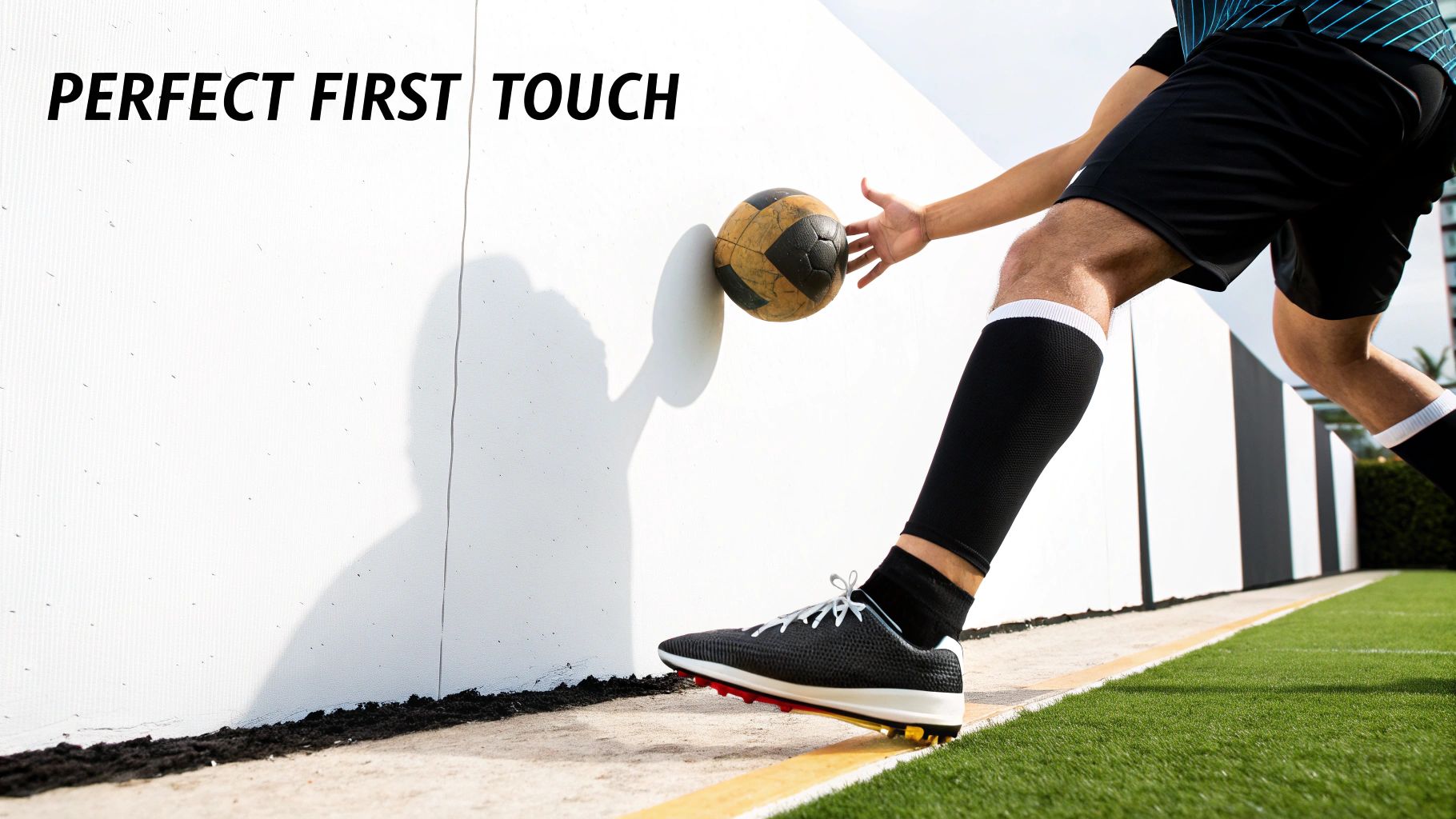 A soccer player practices ball control against a white rebound wall on a green turf field.