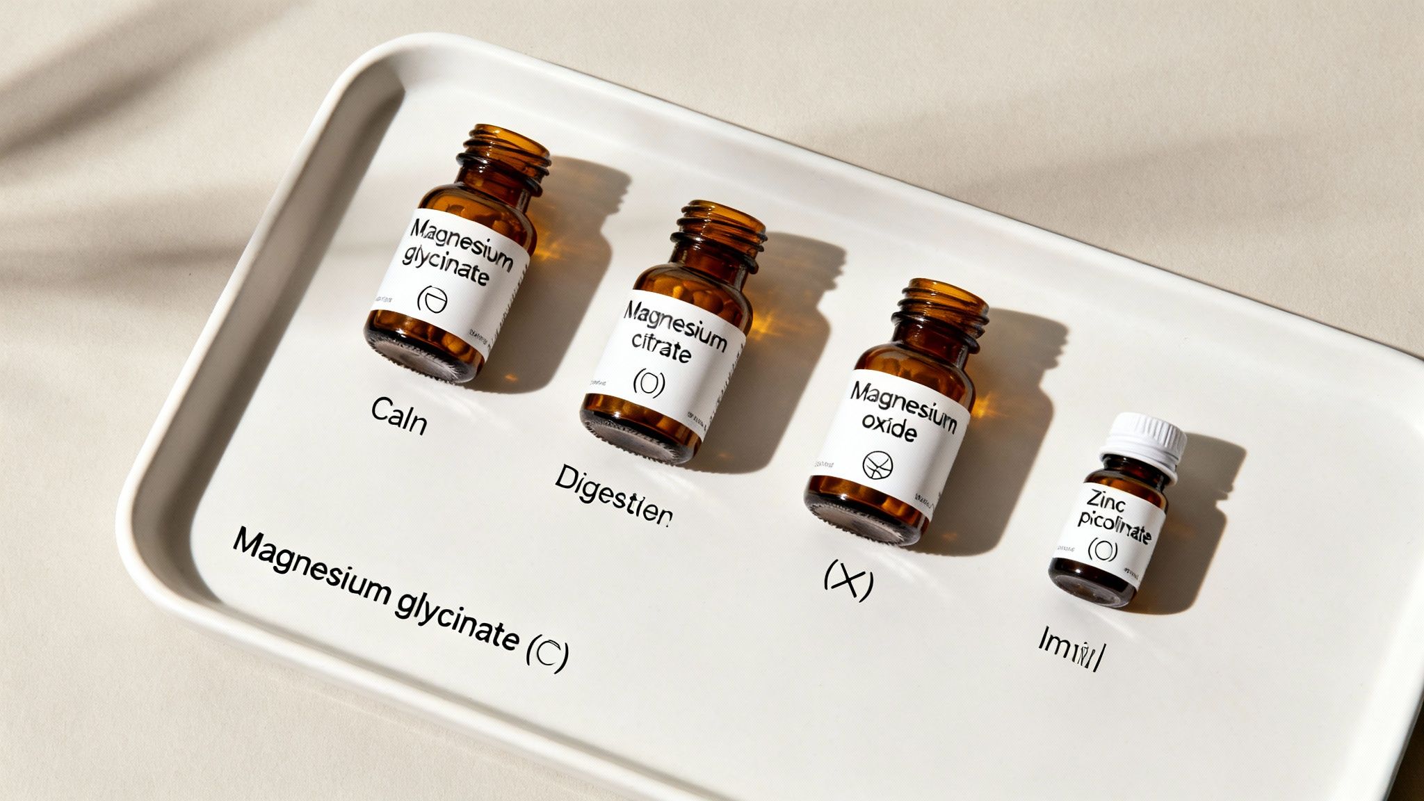 Various supplement pills and capsules in different shapes and colours.