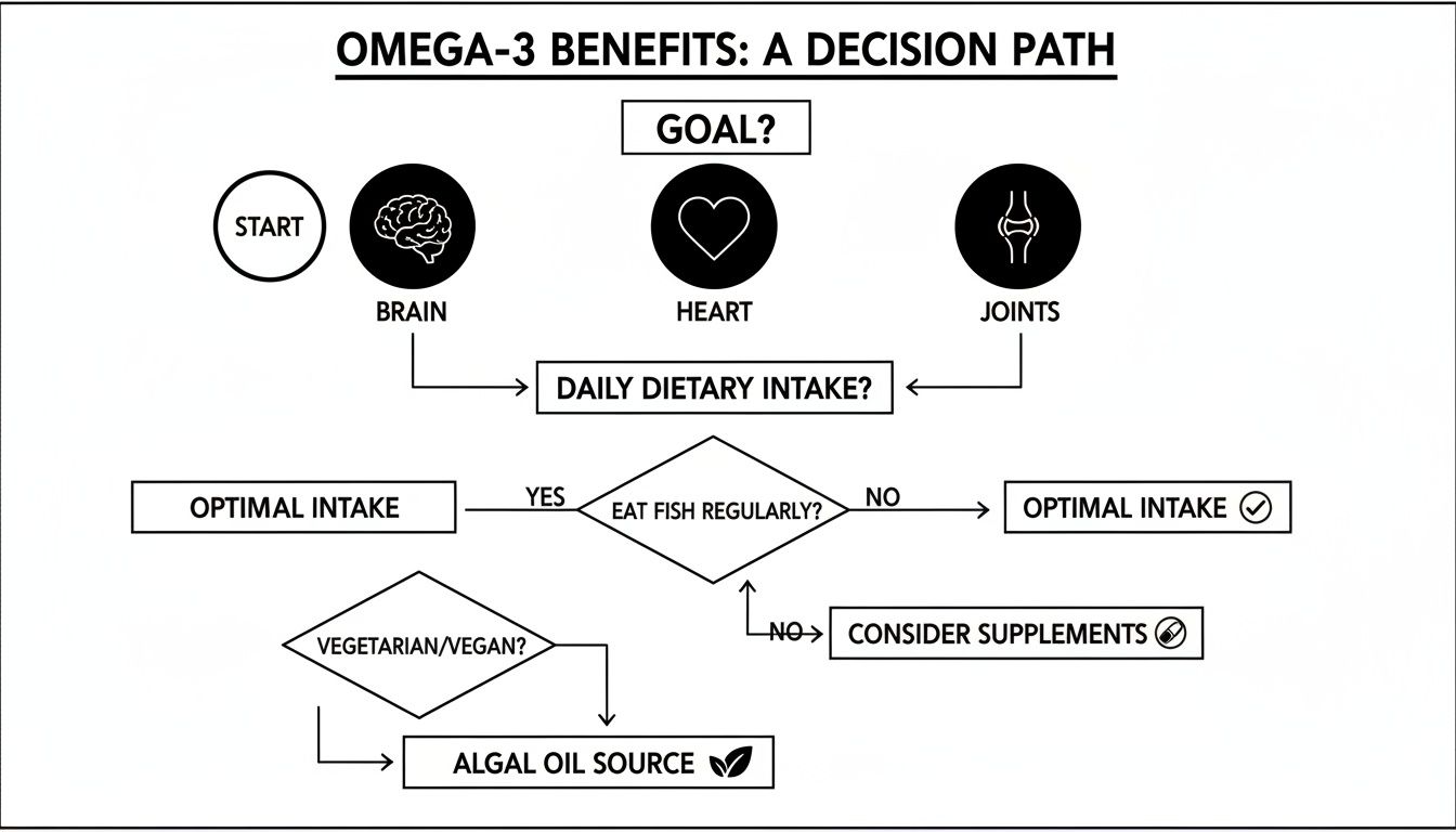 Decision path flowchart for Omega-3 benefits: brain, heart, joints, dietary intake, and supplements.