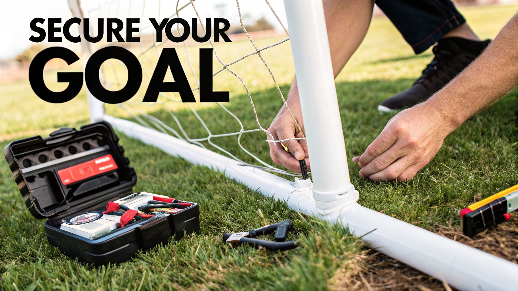 Close-up of hands securing a football goal net with tools on a grassy field.