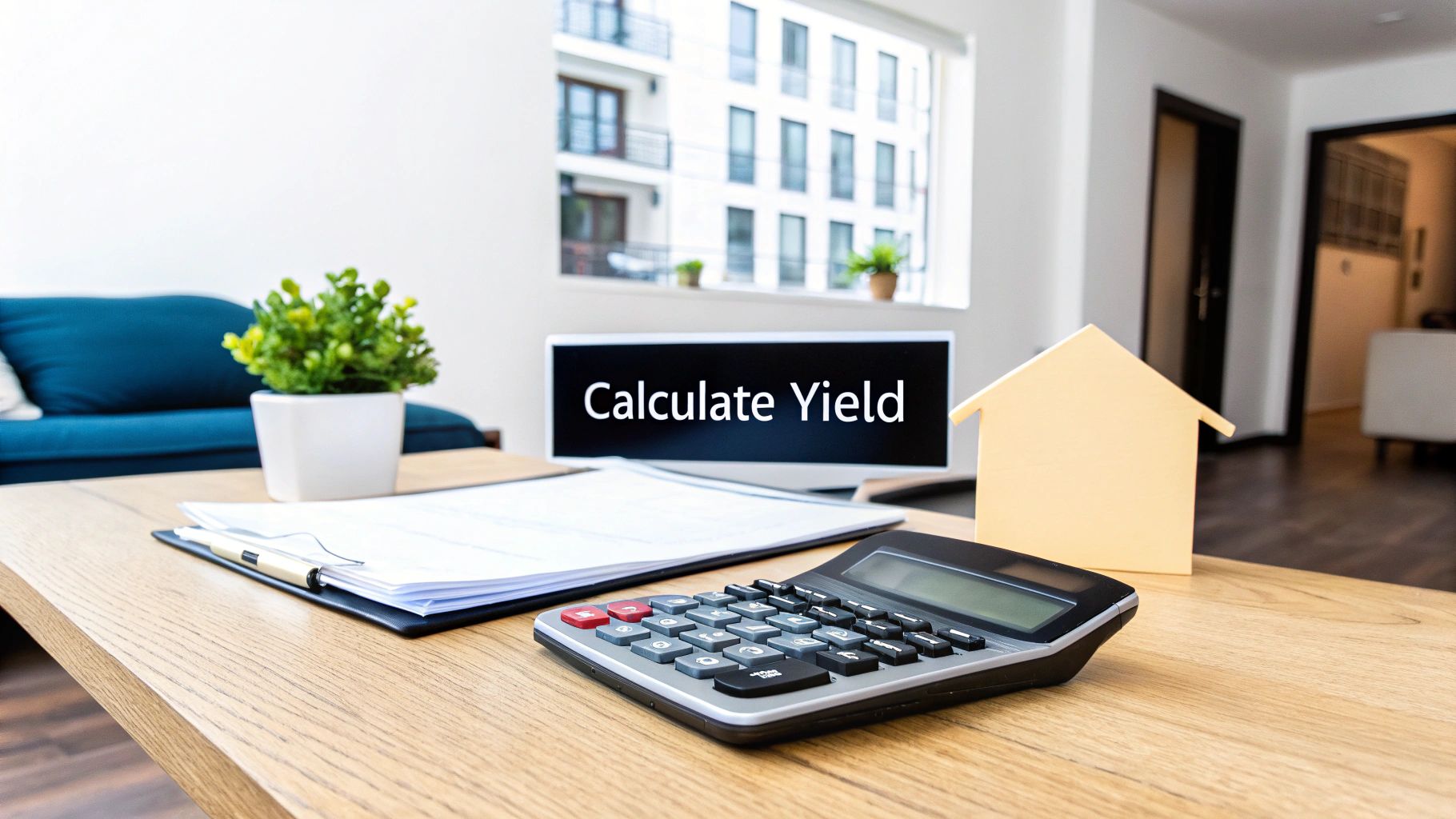 A desk with a calculator, house model, and monitor showing 'Calculate Yield' for real estate investment.