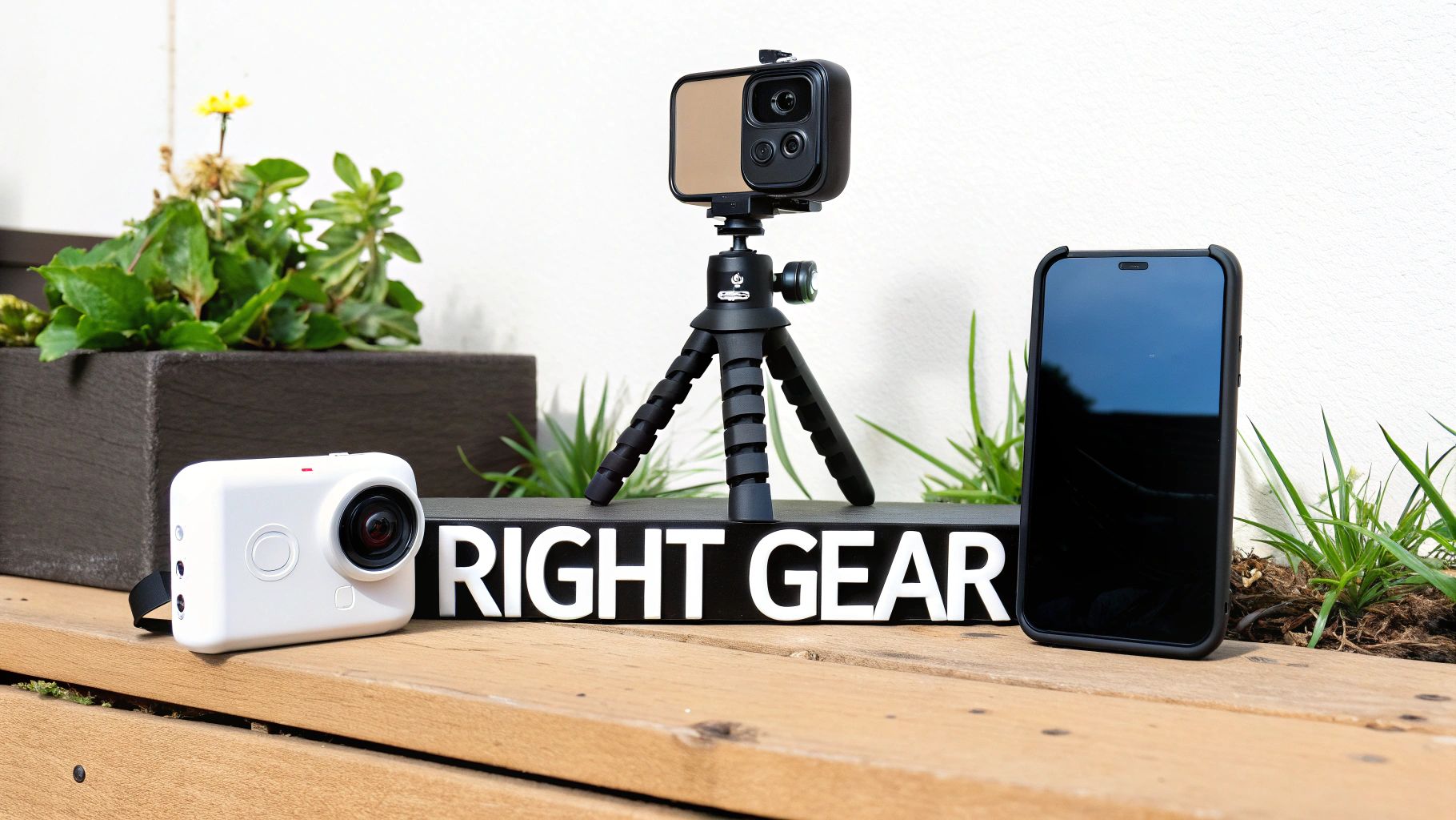 A white action camera, a smartphone on a flexible tripod, and another smartphone stand next to a 'RIGHT GEAR' sign.