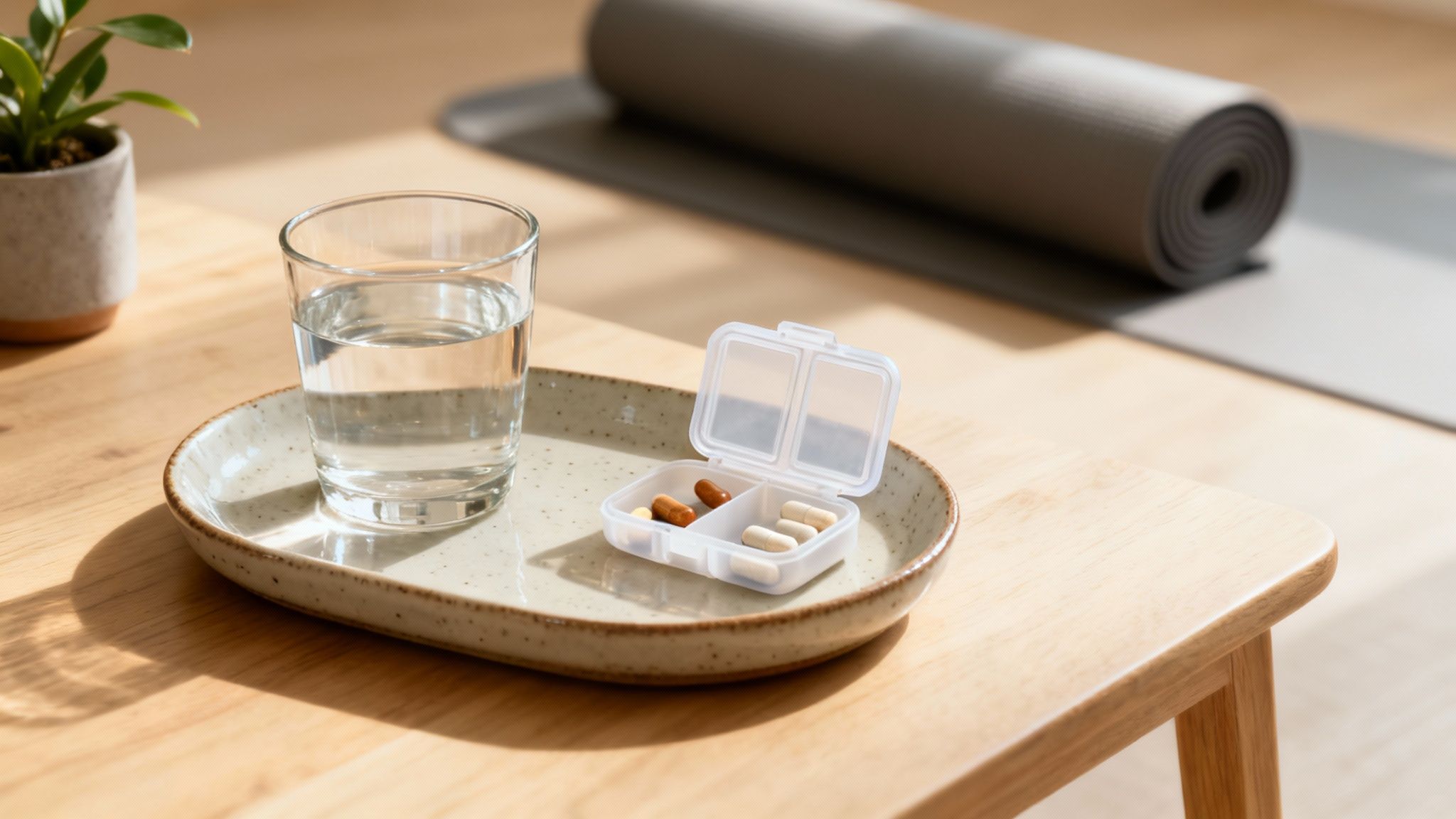 A glass of water and a pill organizer with supplements on a tray, with a yoga mat in the background.